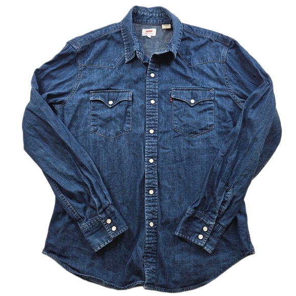Levis Denim Western Shirt Mens Large Blue Cotton Pearl Snap Barstow Y2K VTG